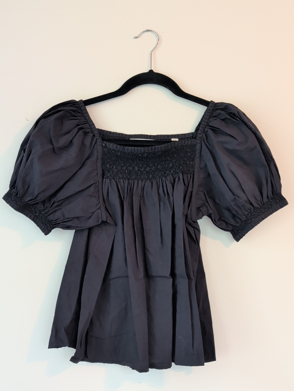 Doen Black Puff Sleeve Smocked Square Neck Blouse